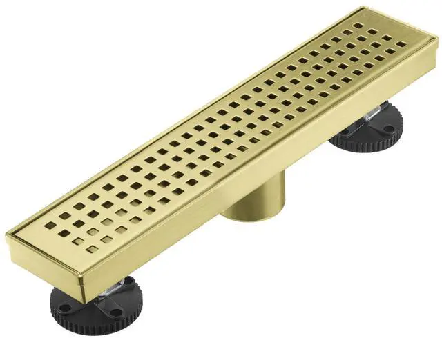 Main image of Linear Shower Floor Drain, Brushed Gold 12 Inch 304 Stainless Steel Bathroom Drains Kit, Long Rectangular Shower Trench Drain with Square Pattern Drain Cover & Hair Catcher