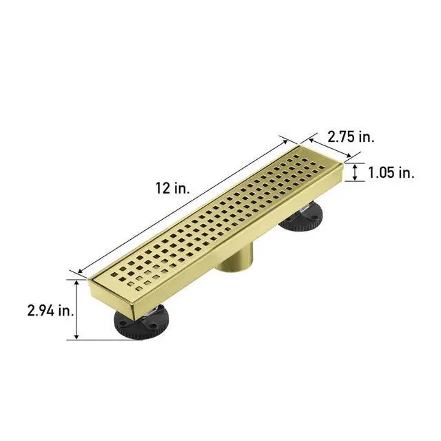 Alt view image 5 of 7 - Linear Shower Floor Drain, Brushed Gold 12 Inch 304 Stainless Steel Bathroom Drains Kit, Long Rectangular Shower Trench Drain with Square Pattern Drain Cover & Hair Catcher