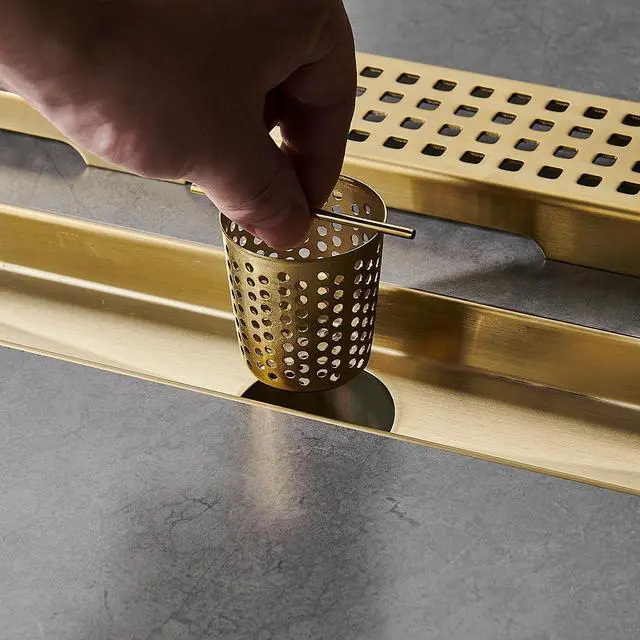Alt view image 6 of 7 - Linear Shower Floor Drain, Brushed Gold 12 Inch 304 Stainless Steel Bathroom Drains Kit, Long Rectangular Shower Trench Drain with Square Pattern Drain Cover & Hair Catcher