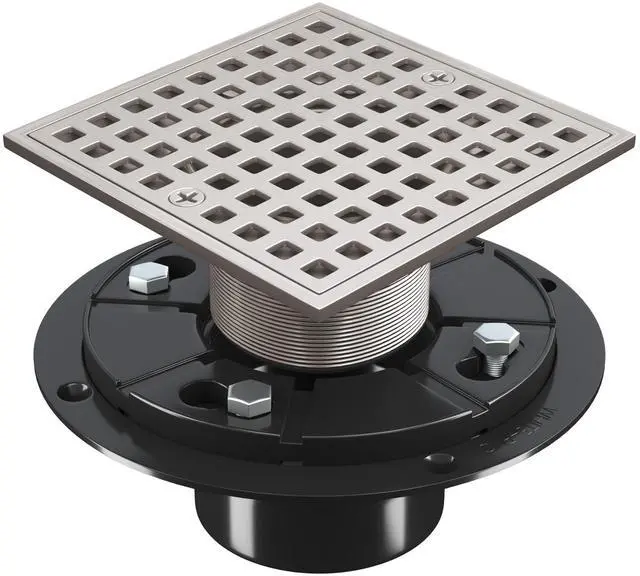 Main image of Inch Shower Floor Drain with Flange - Square Shower Drain with Hair Strainer - Removable Grid Strainer Cover - SUS304 Stainless Steel - Brushed Nickel