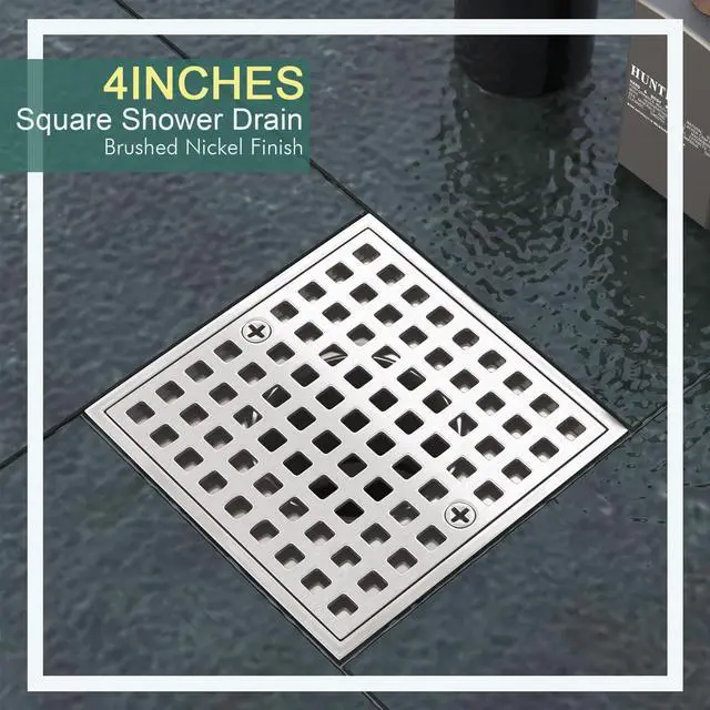 Alt view image 2 of 6 - Inch Shower Floor Drain with Flange - Square Shower Drain with Hair Strainer - Removable Grid Strainer Cover - SUS304 Stainless Steel - Brushed Nickel