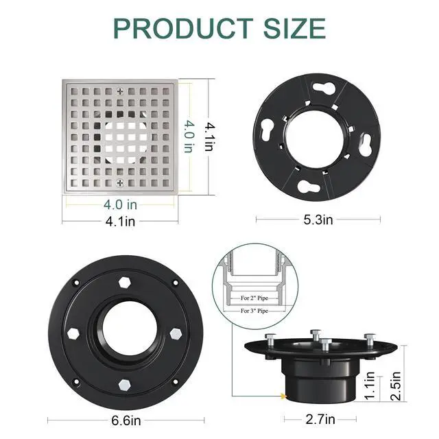Alt view image 4 of 6 - Inch Shower Floor Drain with Flange - Square Shower Drain with Hair Strainer - Removable Grid Strainer Cover - SUS304 Stainless Steel - Brushed Nickel