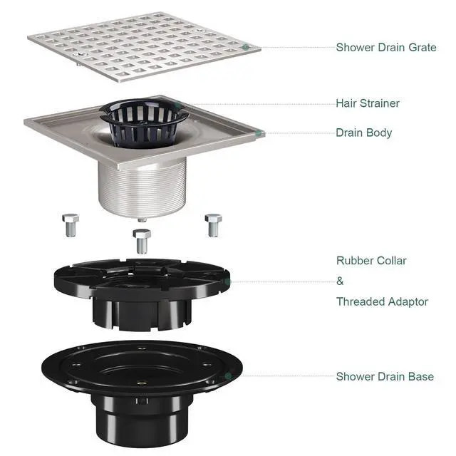 Alt view image 5 of 6 - Inch Shower Floor Drain with Flange - Square Shower Drain with Hair Strainer - Removable Grid Strainer Cover - SUS304 Stainless Steel - Brushed Nickel