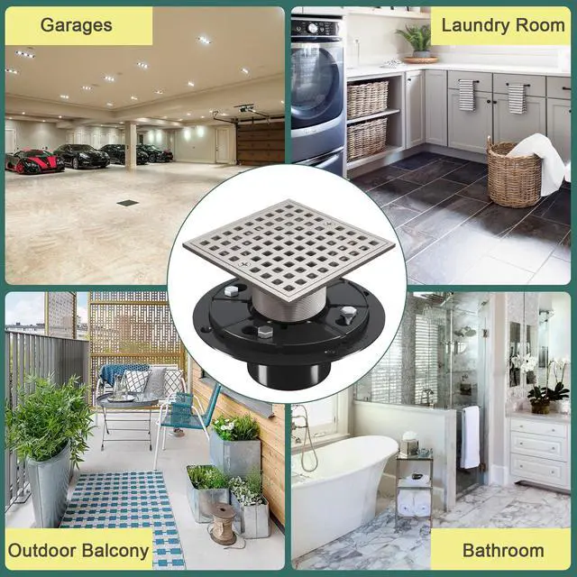 Alt view image 6 of 6 - Inch Shower Floor Drain with Flange - Square Shower Drain with Hair Strainer - Removable Grid Strainer Cover - SUS304 Stainless Steel - Brushed Nickel