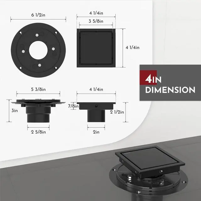 Alt view image 2 of 7 - Inch Square Shower Drain Black Floor Drain with Flange Reversible 2-in-1 Cover Tile Insert Grate Removable SUS304 Stainless Steel CUPC Certified Matte Black