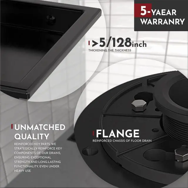 Alt view image 3 of 7 - Inch Square Shower Drain Black Floor Drain with Flange Reversible 2-in-1 Cover Tile Insert Grate Removable SUS304 Stainless Steel CUPC Certified Matte Black
