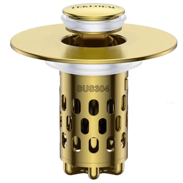 Main image of Bathroom Sink Drain Strainer,All Metal Pop-Up Sink Stopper with Removable Stainless Steel Filter Basket, Universal Bathroom Hair Catcher Fit for 1.1-2.36'' Drain (Gold, 1 Pack)