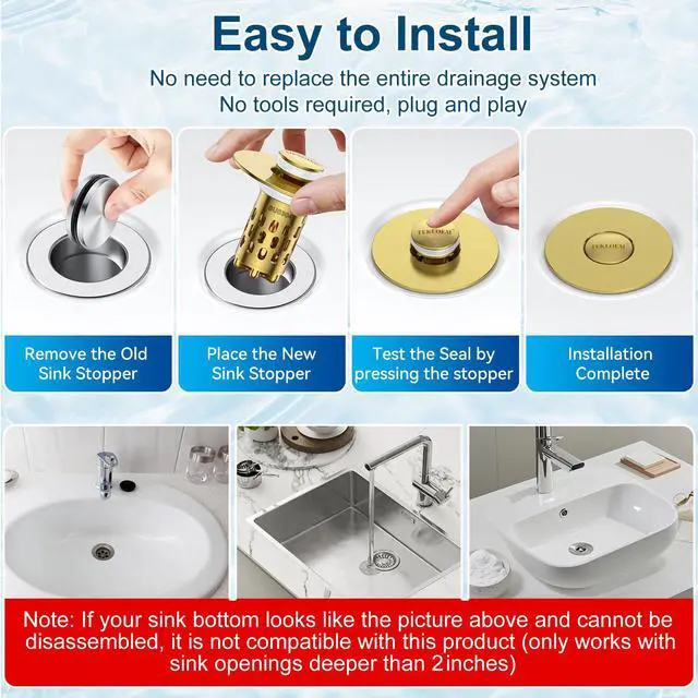 Alt view image 4 of 7 - Bathroom Sink Drain Strainer,All Metal Pop-Up Sink Stopper with Removable Stainless Steel Filter Basket, Universal Bathroom Hair Catcher Fit for 1.1-2.36'' Drain (Gold, 1 Pack)