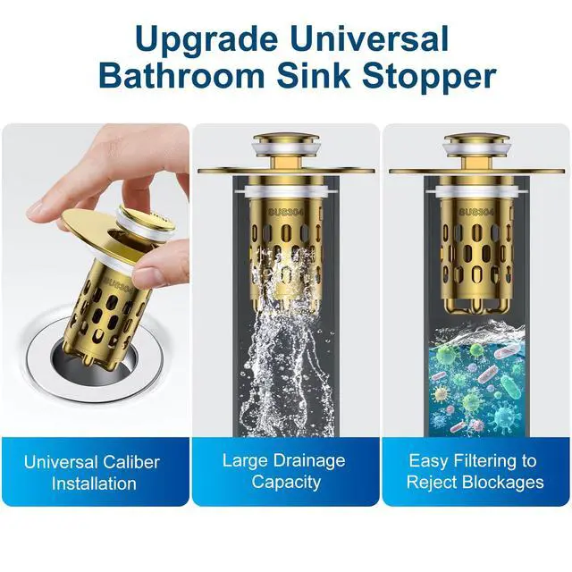 Alt view image 6 of 7 - Bathroom Sink Drain Strainer,All Metal Pop-Up Sink Stopper with Removable Stainless Steel Filter Basket, Universal Bathroom Hair Catcher Fit for 1.1-2.36'' Drain (Gold, 1 Pack)