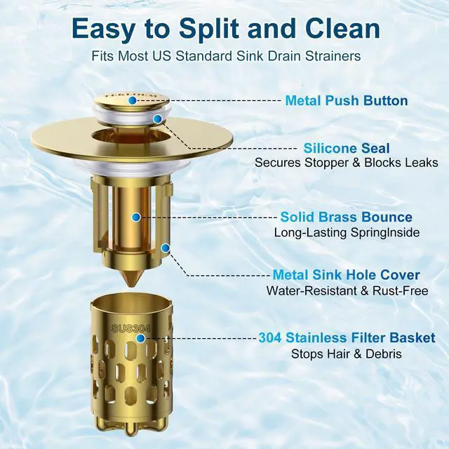 Alt view image 3 of 7 - Bathroom Sink Drain Strainer,All Metal Pop-Up Sink Stopper with Removable Stainless Steel Filter Basket, Universal Bathroom Hair Catcher Fit for 1.1-2.36'' Drain (Gold, 1 Pack)