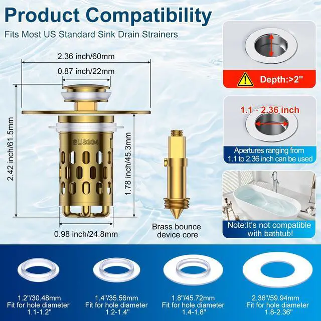 Alt view image 2 of 7 - Bathroom Sink Drain Strainer,All Metal Pop-Up Sink Stopper with Removable Stainless Steel Filter Basket, Universal Bathroom Hair Catcher Fit for 1.1-2.36'' Drain (Gold, 1 Pack)