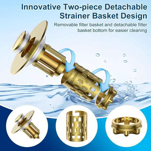 Alt view image 5 of 7 - Bathroom Sink Drain Strainer,All Metal Pop-Up Sink Stopper with Removable Stainless Steel Filter Basket, Universal Bathroom Hair Catcher Fit for 1.1-2.36'' Drain (Gold, 1 Pack)