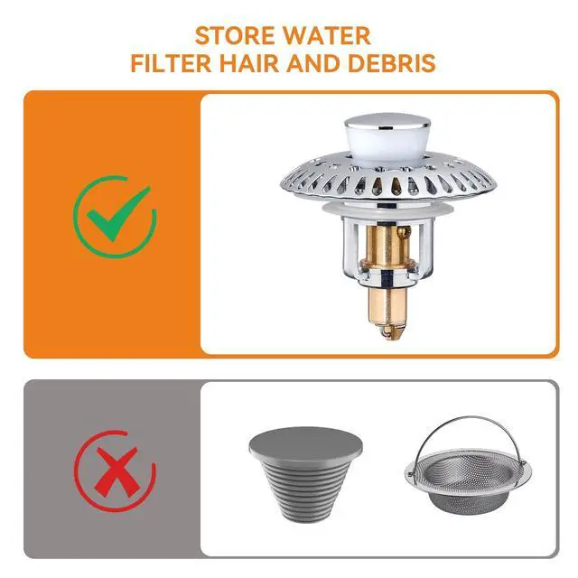Alt view image 6 of 6 - Bathroom Sink Stopper for 1.06"-1.65" Drain Holes, 2 in 1 Bath Sink Drain Strainer Stopper, Pop Up Drain Cover Plug with Hair Catcher, Stainless Steel (Chrome Silver-2p)