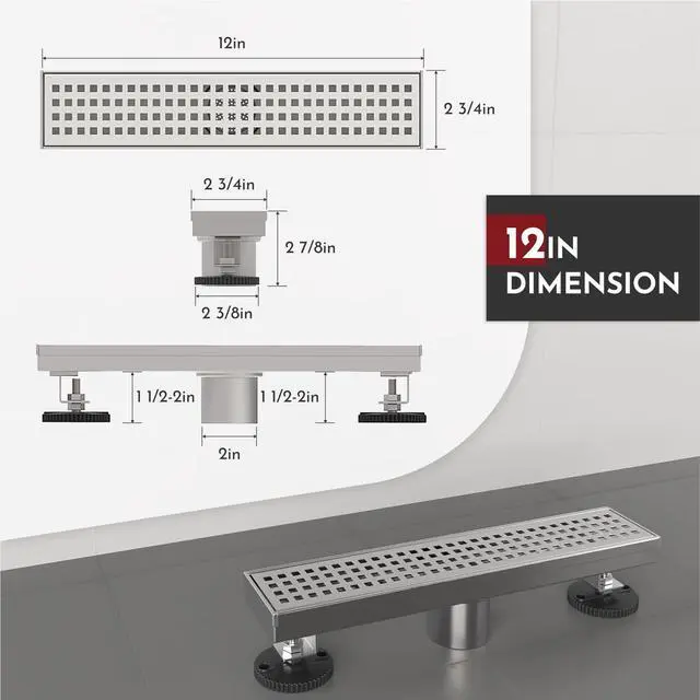 Alt view image 2 of 6 - Inch Linear Shower Drain Rectangular Floor Drain with Accessories Square Hole Pattern Cover Grate Removable SUS304 Stainless Steel CUPC Certified Brushed