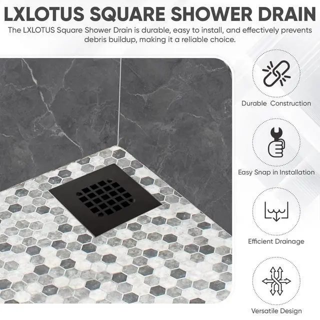 Alt view image 2 of 7 - 4-1/4 Square Snap-in Matte Black Shower Drain - Stainless Steel Replacement - 4.25 inch Durable Floor Cover -Snap-in - Easy Installation Universal Grate Strainer