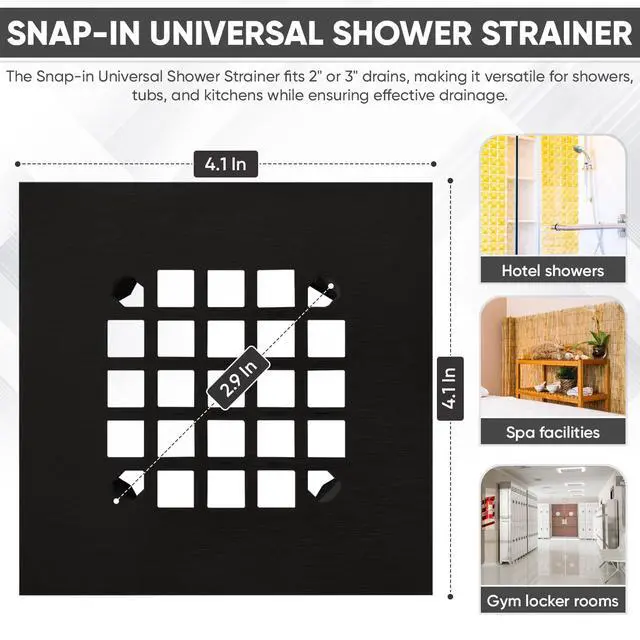 Alt view image 3 of 7 - 4-1/4 Square Snap-in Matte Black Shower Drain - Stainless Steel Replacement - 4.25 inch Durable Floor Cover -Snap-in - Easy Installation Universal Grate Strainer