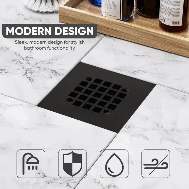 Alt view image 6 of 7 - 4-1/4 Square Snap-in Matte Black Shower Drain - Stainless Steel Replacement - 4.25 inch Durable Floor Cover -Snap-in - Easy Installation Universal Grate Strainer