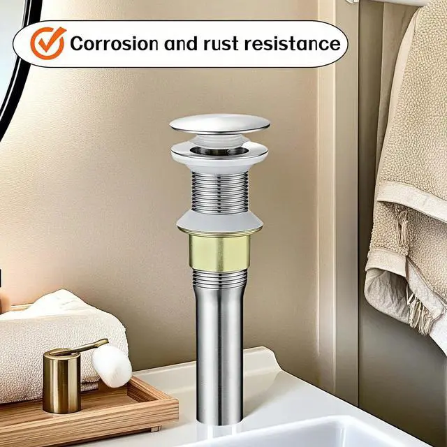 Alt view image 7 of 7 - Pop-Up Sink Drain for No Overflow Basin, Stainless Steel, Hair Catcher Filter, 7.09 inch Length, Brushed Nickel (Nonporous)