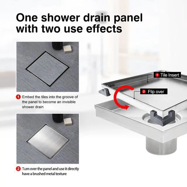 Alt view image 3 of 7 - Shower Drain 6 inch Brushed with 2 in1 Tile Insert Cover