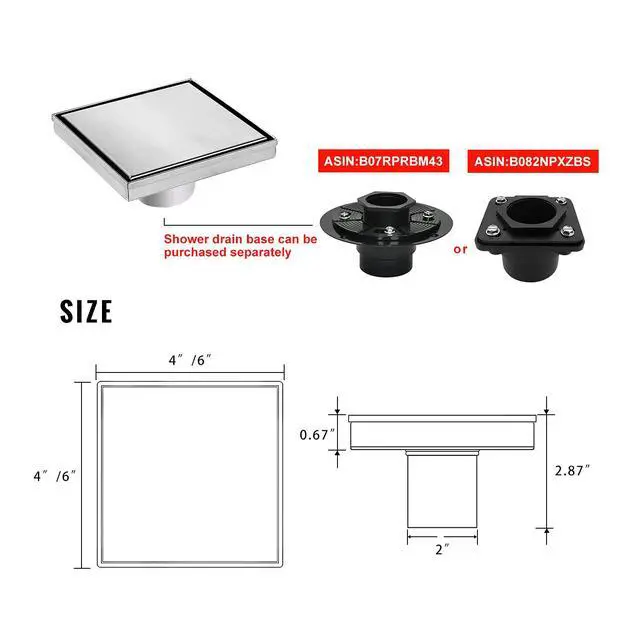 Alt view image 6 of 7 - Shower Drain 6 inch Brushed with 2 in1 Tile Insert Cover
