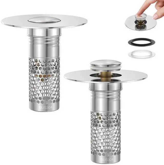 Main image of 2 Pack Pop Up Bathroom Sink Drain Stoppers, Removable Sink Drain Strainer Stopper Hair Catcher with Stainless Steel Anti-Clog Filter Basket for Sinks and Drains 1.06-1.5 Inch