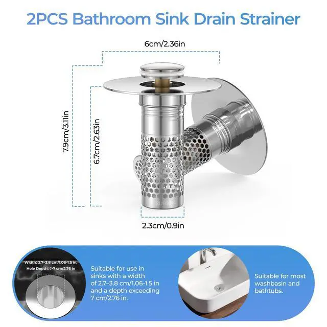 Alt view image 3 of 7 - 2 Pack Pop Up Bathroom Sink Drain Stoppers, Removable Sink Drain Strainer Stopper Hair Catcher with Stainless Steel Anti-Clog Filter Basket for Sinks and Drains 1.06-1.5 Inch