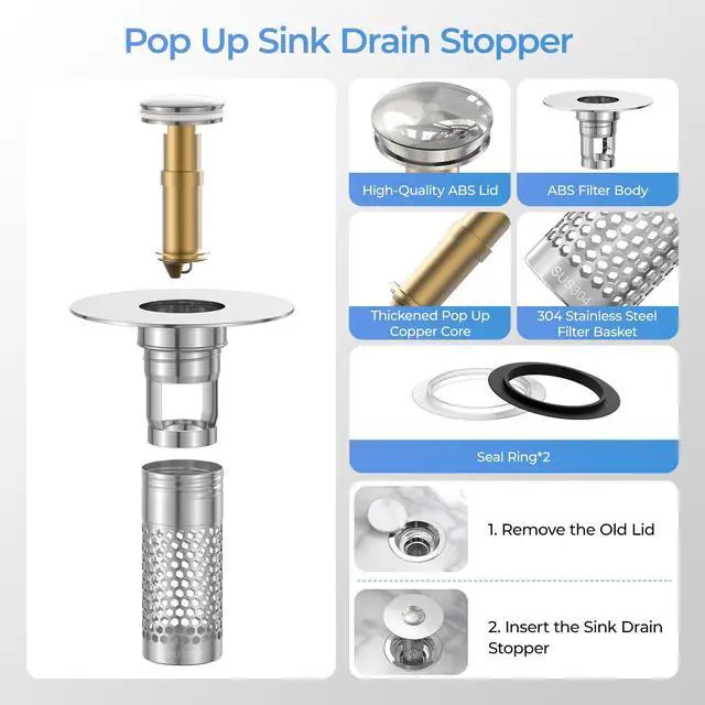 Alt view image 2 of 7 - 2 Pack Pop Up Bathroom Sink Drain Stoppers, Removable Sink Drain Strainer Stopper Hair Catcher with Stainless Steel Anti-Clog Filter Basket for Sinks and Drains 1.06-1.5 Inch