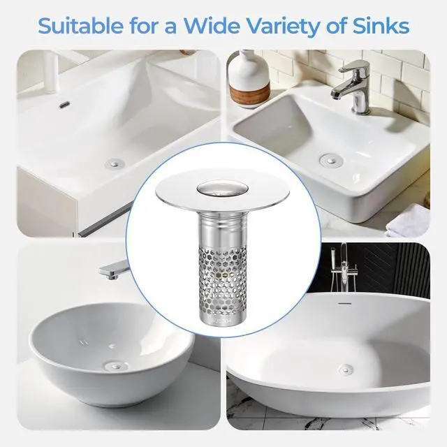 Alt view image 4 of 7 - 2 Pack Pop Up Bathroom Sink Drain Stoppers, Removable Sink Drain Strainer Stopper Hair Catcher with Stainless Steel Anti-Clog Filter Basket for Sinks and Drains 1.06-1.5 Inch