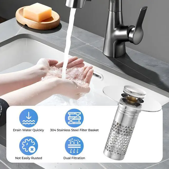 Alt view image 6 of 7 - 2 Pack Pop Up Bathroom Sink Drain Stoppers, Removable Sink Drain Strainer Stopper Hair Catcher with Stainless Steel Anti-Clog Filter Basket for Sinks and Drains 1.06-1.5 Inch