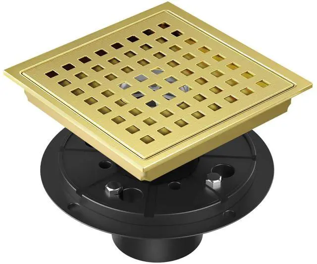 Main image of Square Shower Drain Brushed Gold 6-Inch with ABS Flange, Hair Catcher