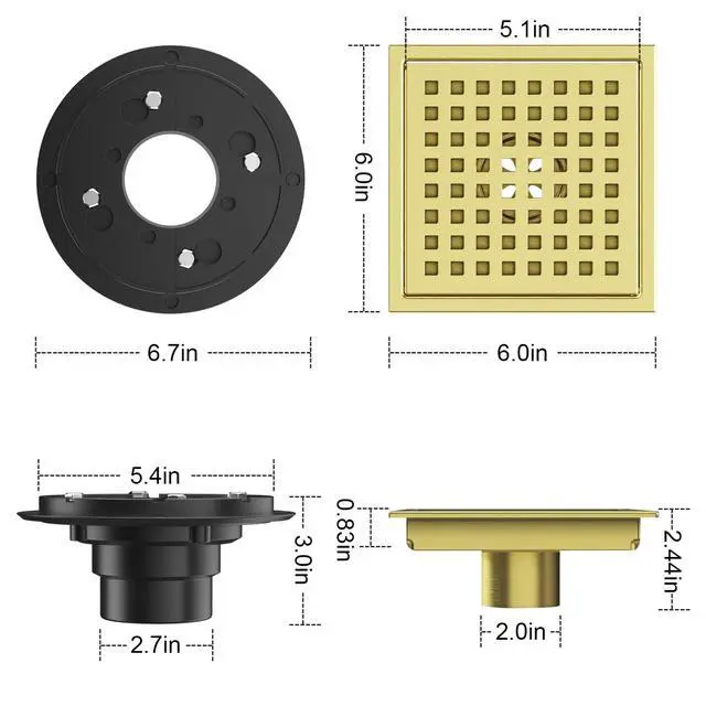 Alt view image 2 of 7 - Square Shower Drain Brushed Gold 6-Inch with ABS Flange, Hair Catcher