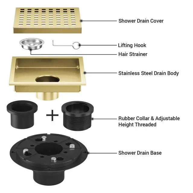 Alt view image 3 of 7 - Square Shower Drain Brushed Gold 6-Inch with ABS Flange, Hair Catcher