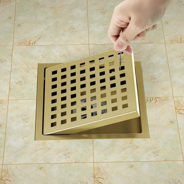 Alt view image 6 of 7 - Square Shower Drain Brushed Gold 6-Inch with ABS Flange, Hair Catcher