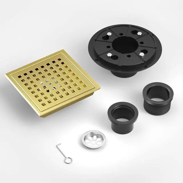 Alt view image 7 of 7 - Square Shower Drain Brushed Gold 6-Inch with ABS Flange, Hair Catcher