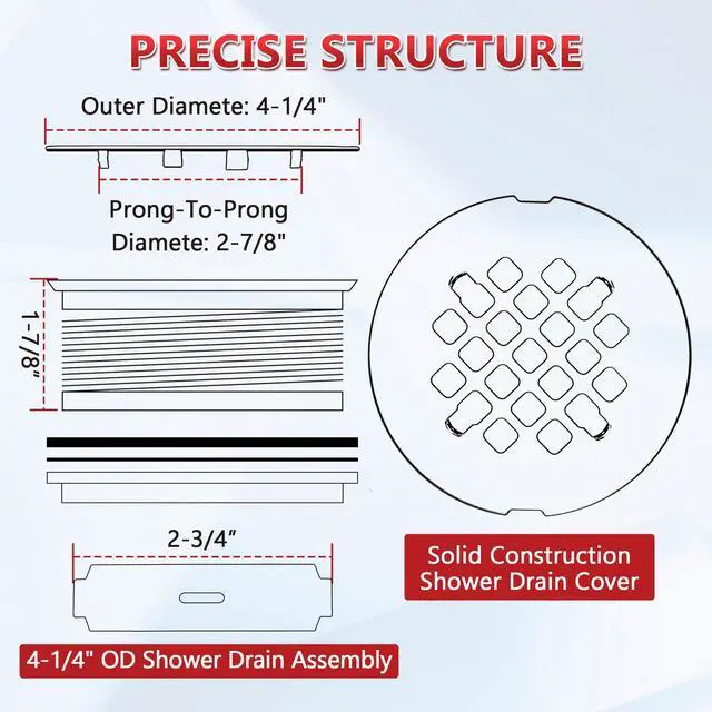 Alt view image 2 of 7 - 4.25" OD Shower Drain Assembly, Snap in Shower Base Drain and Round Grid Strainer Cover, Fits 2 in. Schedule 40 ABS and PVC Pipes, Stainless Steel Cap, ABS Base(Matte Black,1 Pack)