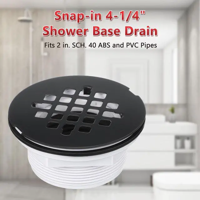 Alt view image 3 of 7 - 4.25" OD Shower Drain Assembly, Snap in Shower Base Drain and Round Grid Strainer Cover, Fits 2 in. Schedule 40 ABS and PVC Pipes, Stainless Steel Cap, ABS Base(Matte Black,1 Pack)
