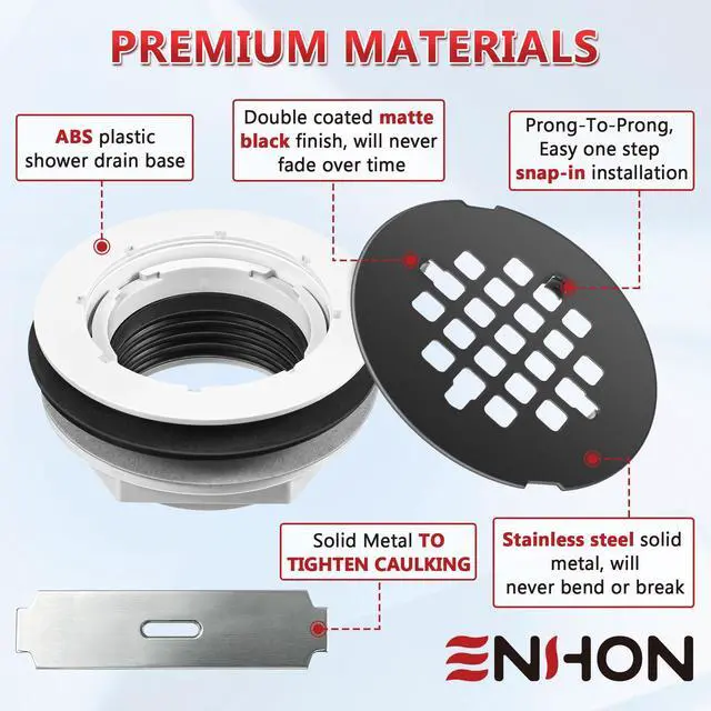 Alt view image 4 of 7 - 4.25" OD Shower Drain Assembly, Snap in Shower Base Drain and Round Grid Strainer Cover, Fits 2 in. Schedule 40 ABS and PVC Pipes, Stainless Steel Cap, ABS Base(Matte Black,1 Pack)