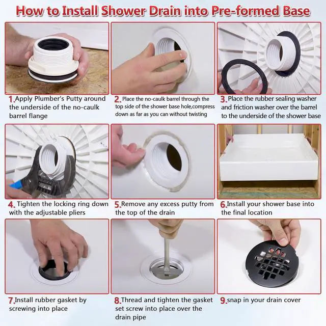 Alt view image 7 of 7 - 4.25" OD Shower Drain Assembly, Snap in Shower Base Drain and Round Grid Strainer Cover, Fits 2 in. Schedule 40 ABS and PVC Pipes, Stainless Steel Cap, ABS Base(Matte Black,1 Pack)