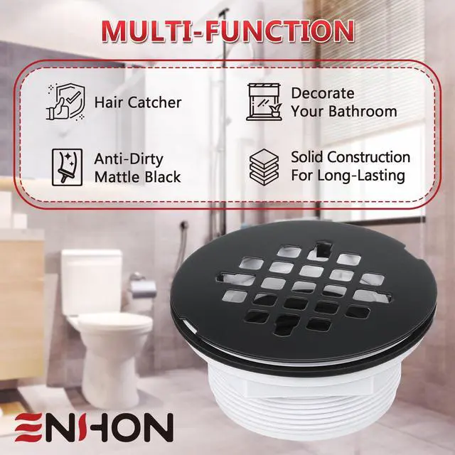 Alt view image 5 of 7 - 4.25" OD Shower Drain Assembly, Snap in Shower Base Drain and Round Grid Strainer Cover, Fits 2 in. Schedule 40 ABS and PVC Pipes, Stainless Steel Cap, ABS Base(Matte Black,1 Pack)