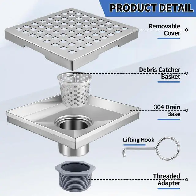 Alt view image 2 of 7 - Square Shower Drain, 304 Stainless Steel 4 inch Shower Floor Bathroom Shower Drain with CUPC Certified, Brushed Nickel 4'' Square Floor Drain, for Bathroom Toilet Washroom Drain Water