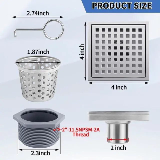 Alt view image 3 of 7 - Square Shower Drain, 304 Stainless Steel 4 inch Shower Floor Bathroom Shower Drain with CUPC Certified, Brushed Nickel 4'' Square Floor Drain, for Bathroom Toilet Washroom Drain Water