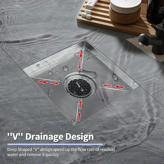 Alt view image 5 of 7 - Square Shower Drain, 304 Stainless Steel 4 inch Shower Floor Bathroom Shower Drain with CUPC Certified, Brushed Nickel 4'' Square Floor Drain, for Bathroom Toilet Washroom Drain Water