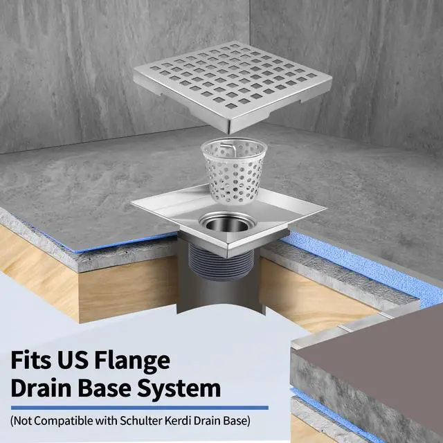 Alt view image 6 of 7 - Square Shower Drain, 304 Stainless Steel 4 inch Shower Floor Bathroom Shower Drain with CUPC Certified, Brushed Nickel 4'' Square Floor Drain, for Bathroom Toilet Washroom Drain Water