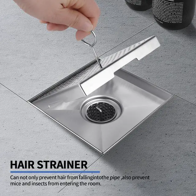 Alt view image 7 of 7 - Square Shower Drain, 304 Stainless Steel 4 inch Shower Floor Bathroom Shower Drain with CUPC Certified, Brushed Nickel 4'' Square Floor Drain, for Bathroom Toilet Washroom Drain Water