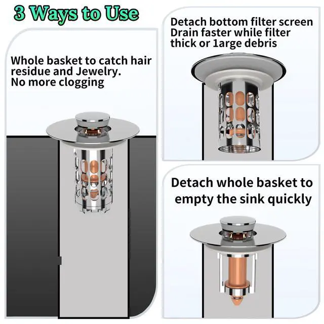 Alt view image 6 of 7 - Sink Stopper Drain Hair Catcher,Bathroom Sink Drain Strainer with Removable Anti-Clogging Basket,Easy to Install Bathroom Sink Stopper Drain Catcher for 1.06-1.61in Basin Washstand Hole