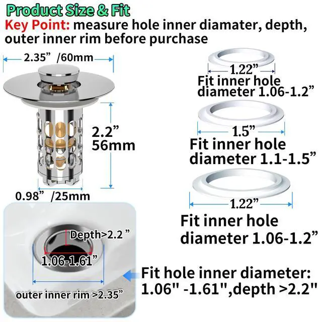 Alt view image 4 of 7 - Sink Stopper Drain Hair Catcher,Bathroom Sink Drain Strainer with Removable Anti-Clogging Basket,Easy to Install Bathroom Sink Stopper Drain Catcher for 1.06-1.61in Basin Washstand Hole