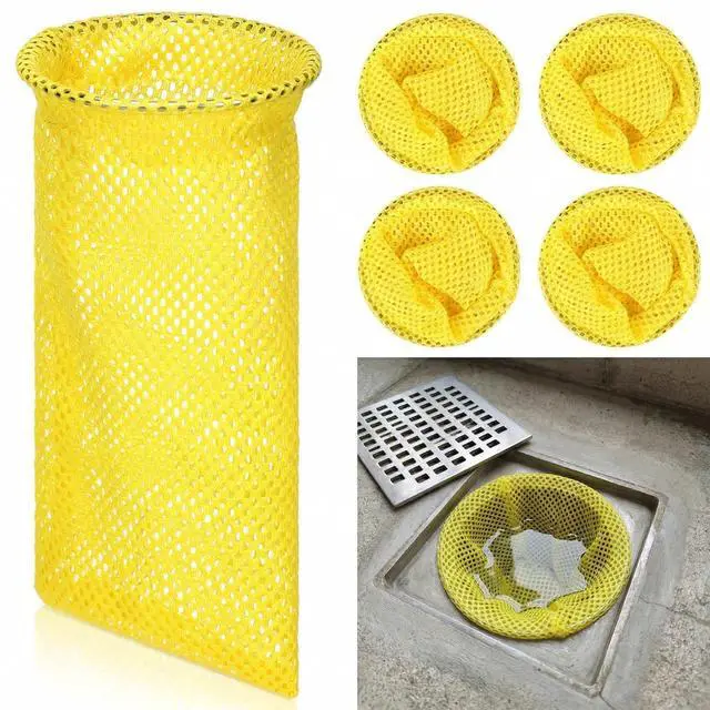 Main image of Disposable Mesh Strainers for Floor Drains Yellow Mesh Drain Sock Strainer with 3.64 Inch Metal Ring on Top for Commercial Kitchens, Restaurants & Facilities Prevent Clogs & Odors