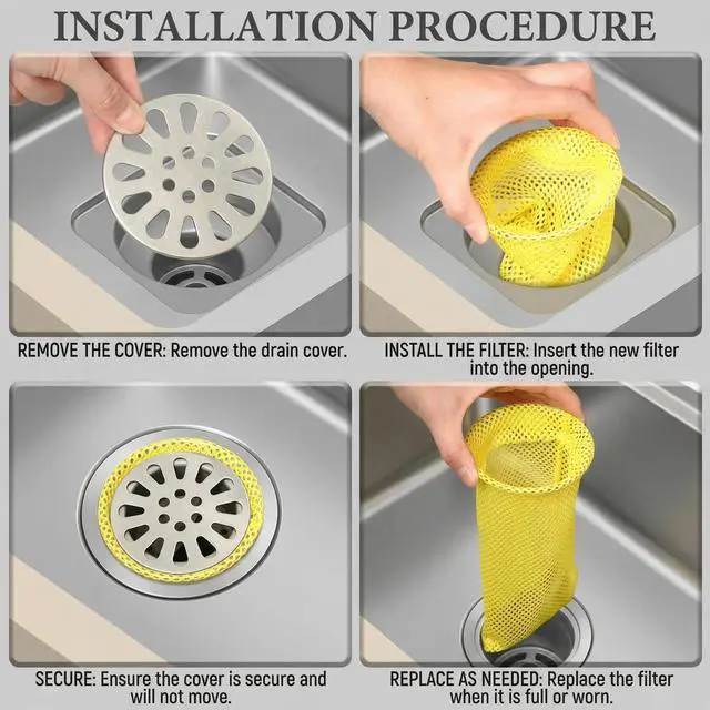 Alt view image 3 of 7 - Disposable Mesh Strainers for Floor Drains Yellow Mesh Drain Sock Strainer with 3.64 Inch Metal Ring on Top for Commercial Kitchens, Restaurants & Facilities Prevent Clogs & Odors