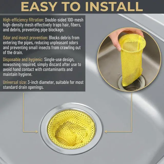Alt view image 5 of 7 - Disposable Mesh Strainers for Floor Drains Yellow Mesh Drain Sock Strainer with 3.64 Inch Metal Ring on Top for Commercial Kitchens, Restaurants & Facilities Prevent Clogs & Odors
