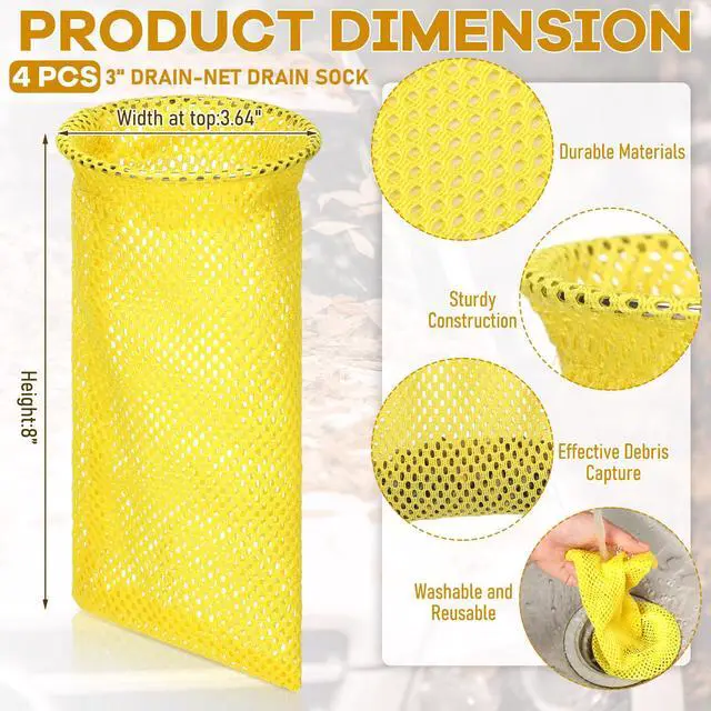 Alt view image 2 of 7 - Disposable Mesh Strainers for Floor Drains Yellow Mesh Drain Sock Strainer with 3.64 Inch Metal Ring on Top for Commercial Kitchens, Restaurants & Facilities Prevent Clogs & Odors
